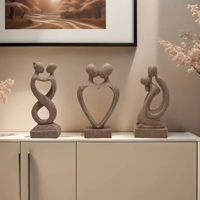 3 pieces of abstract art figure decorations - Sandstone couple kissing resin figurine - Elegant living room decoration, TV and cabinet display, heart-shaped design, perfect gift for marriage or home decoration, Home Decor Figurines
