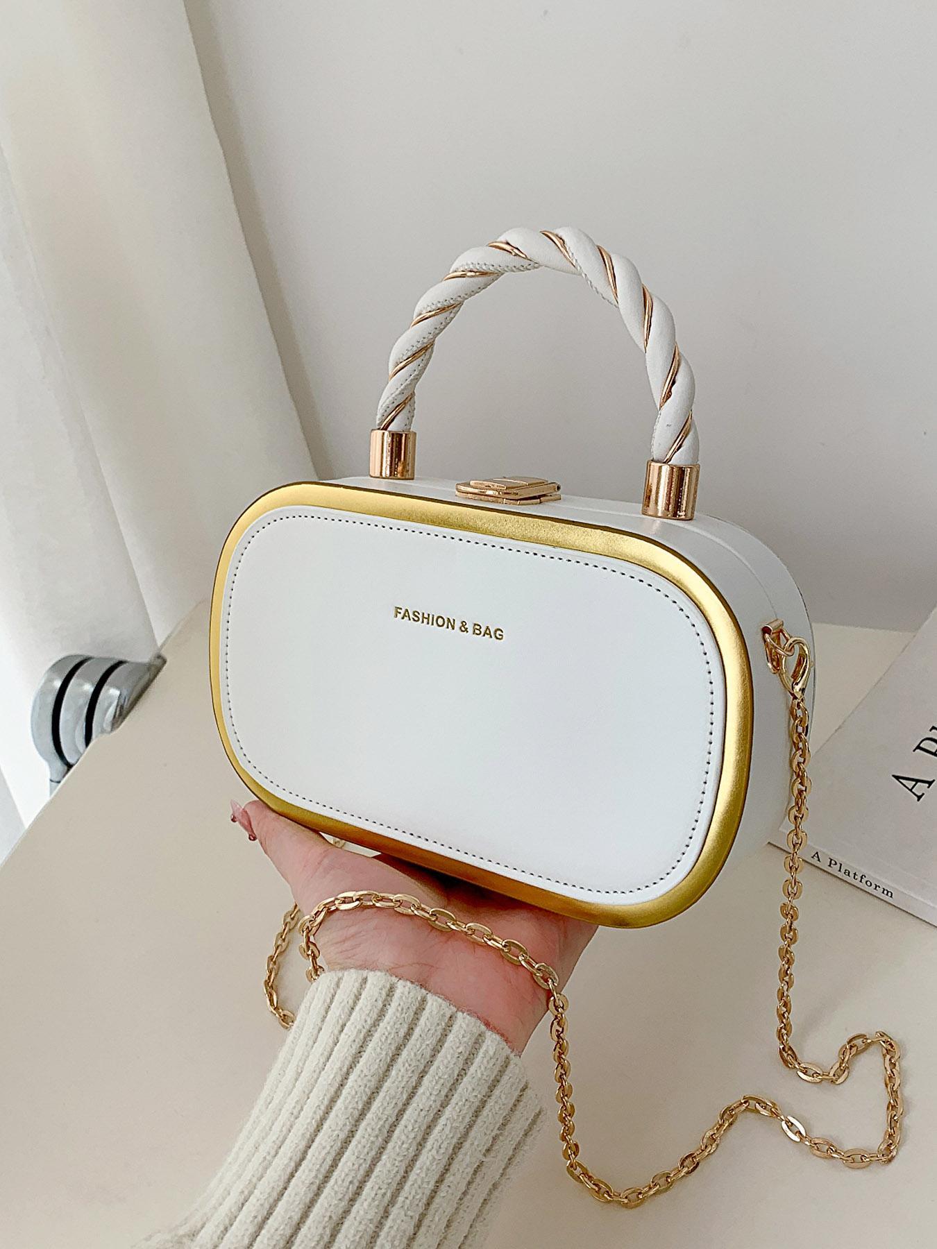 Women's Fashion Buckle Twisted Top Handle Chain Strap Crossbody Bag, Minimalist Letter Detail Metallic Trim Versatile Box Bag, Casual Shoulder Bag, Casual Crossbody Bags