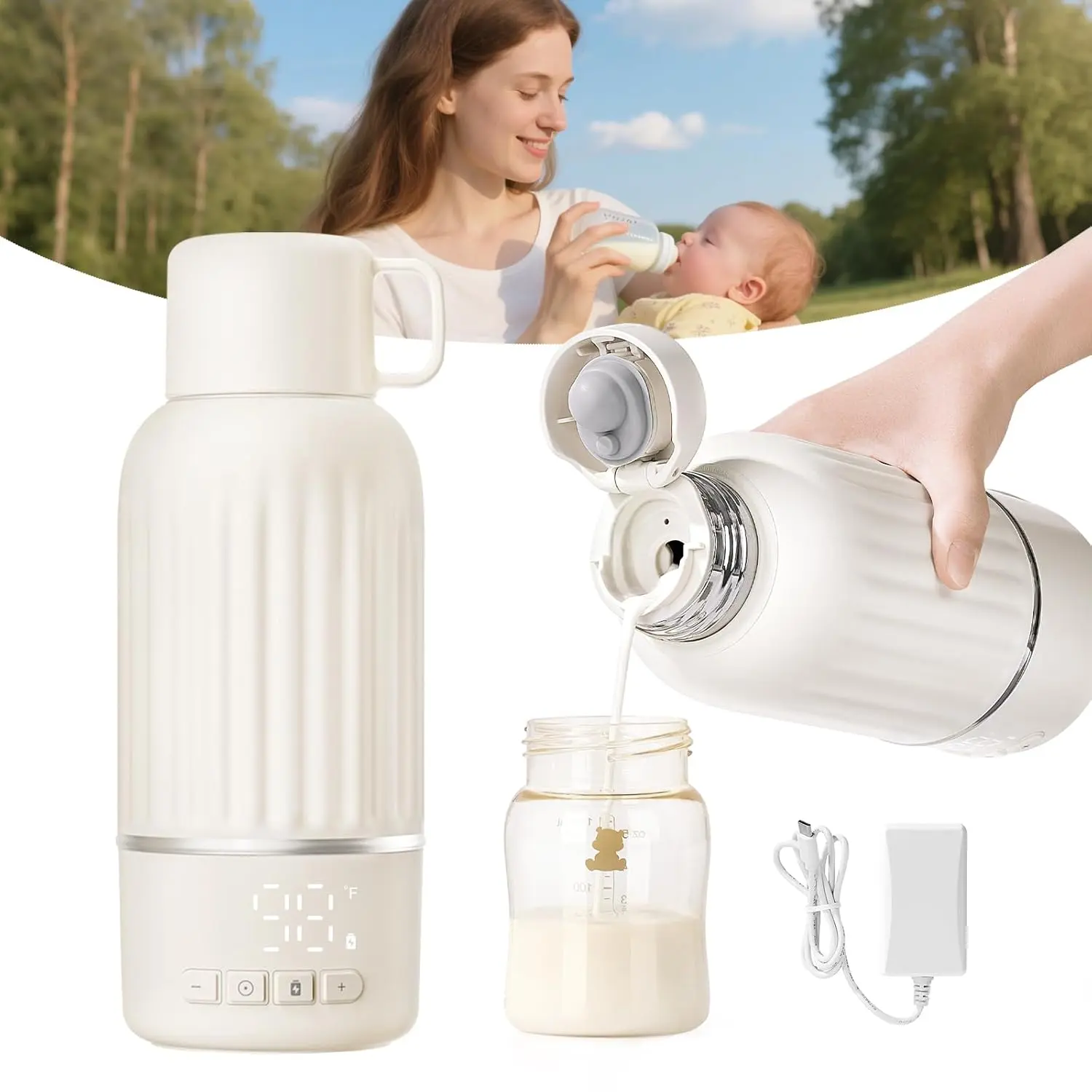 Portable Bottle Warmer  Travel, Fast Heating in 2.5 Mins  Breast Milk, 10200mAh Battery with LED Display, 17oz Large Capacity, Baby Bottle Warmer with Precise Temperature Control-Cable