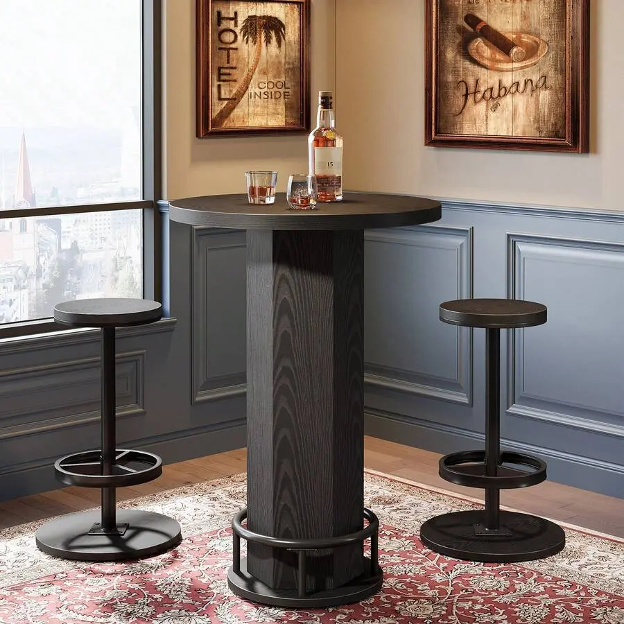 Round Bar Table With Chairs, Industrial Bistro Sets With 2 Barstools, Pub Table With Metal Footrest Small Space, Nook, Apartment (Black)