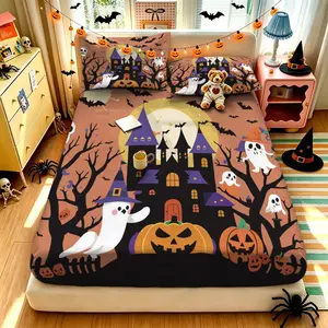 (1 fitted sheet + 2 pillowcases, no filler),Halloween Castle Pattern,Polyester fitted sheet 3-piece bedding set, all-season & machine washable, ideal for room decoration and birthday present for bedroom use
