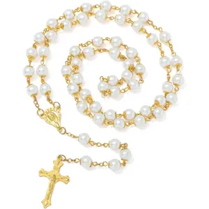 KOMI Catholic Rosary Beads for Women - Glass Pearl Beads Necklace with Saint Benedict Medal & Crucifix - Catolicos Rosary Gifts with Pouch