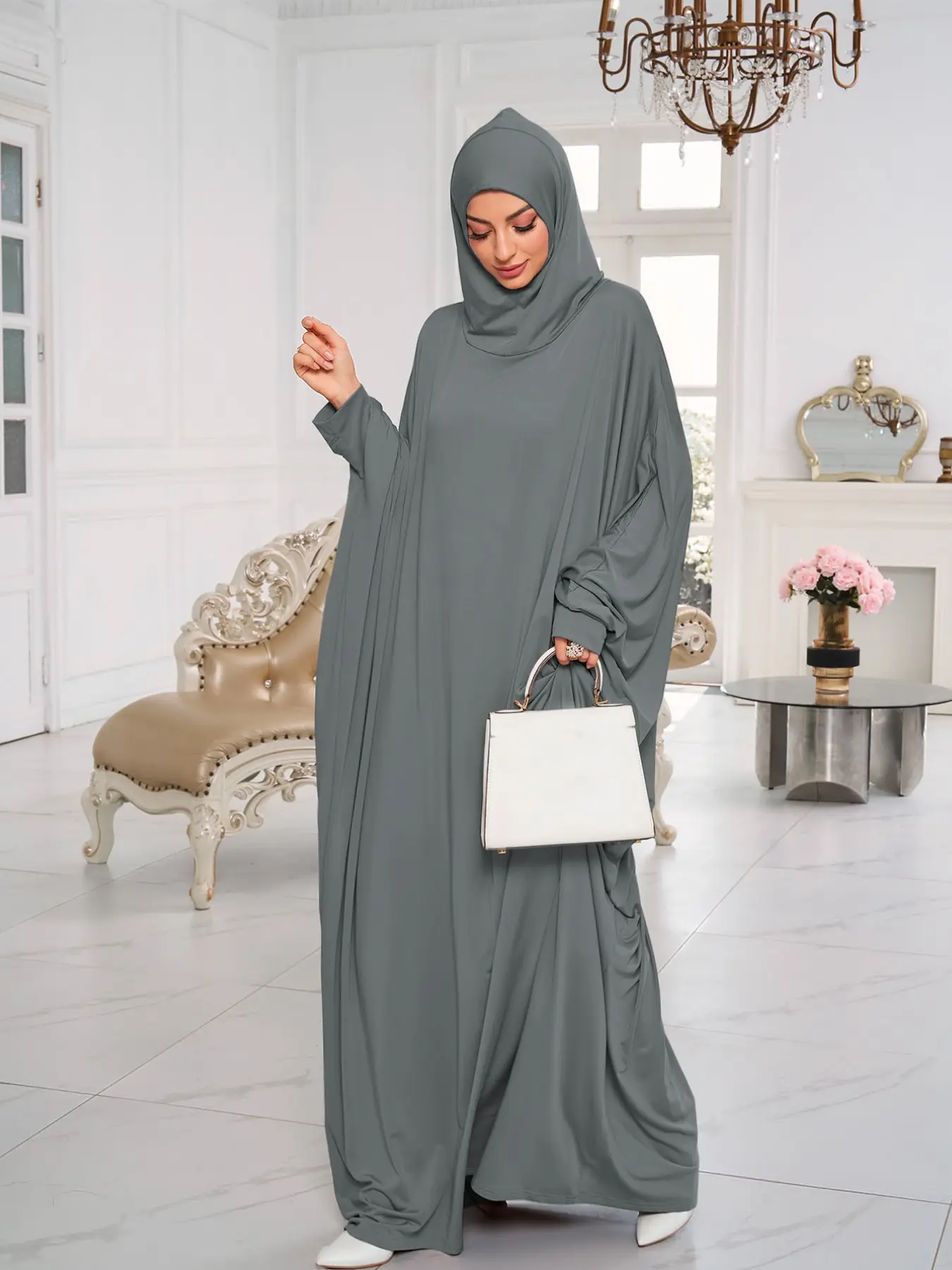 Women's Jersey Hooded Abaya, Loose-Fit Long Robe, Casual Plain Design, Comfortable Daily Wear, Suitable for All Seasons, Long Sleeve Abaya