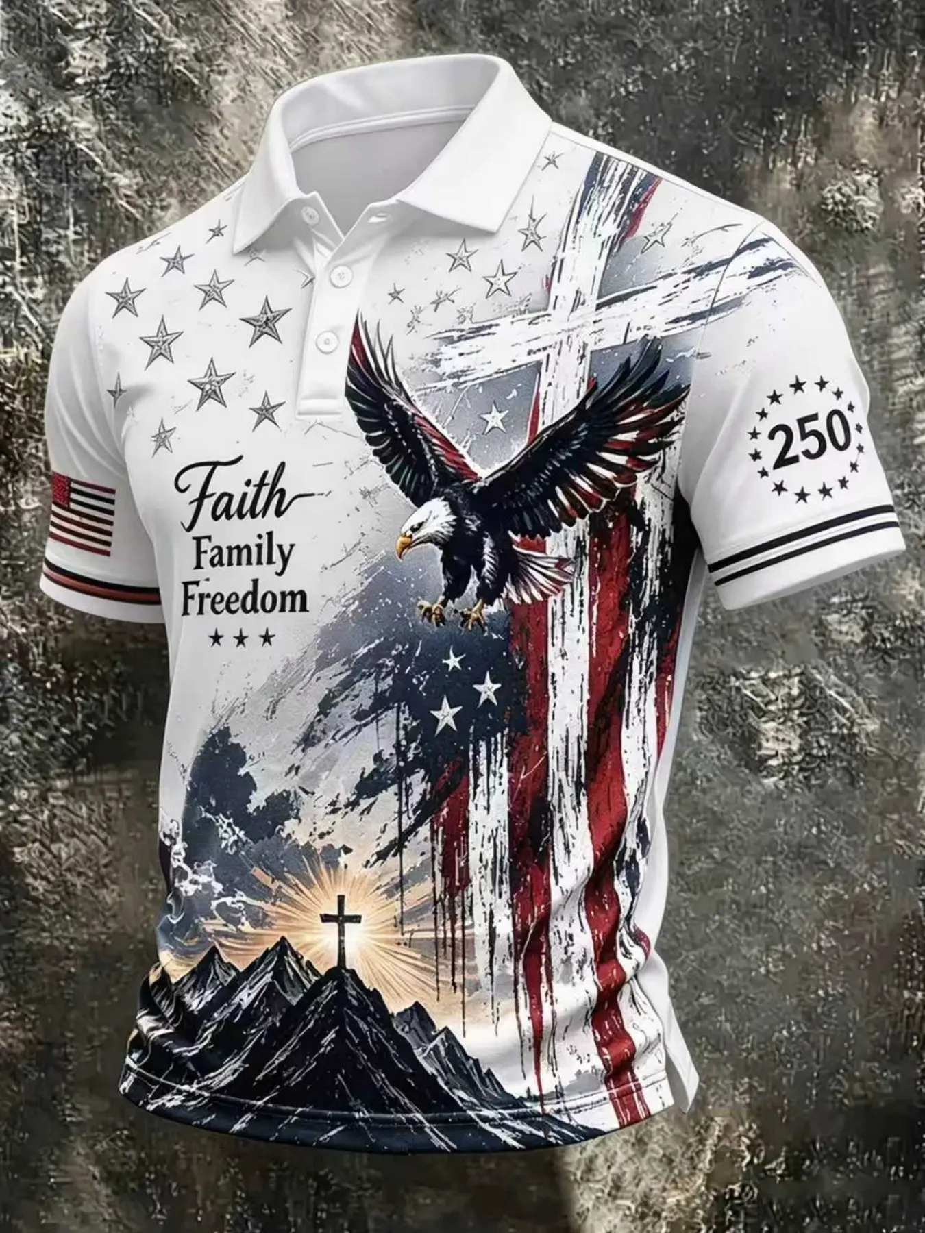 Men's Christian Patriotic Casual Collared Summer Printed Polo Shirt, All over Print Eagle Mountain Cross Sunrise, Faith Family Freedom Text, Vintage American Flag, 250th Anniversary