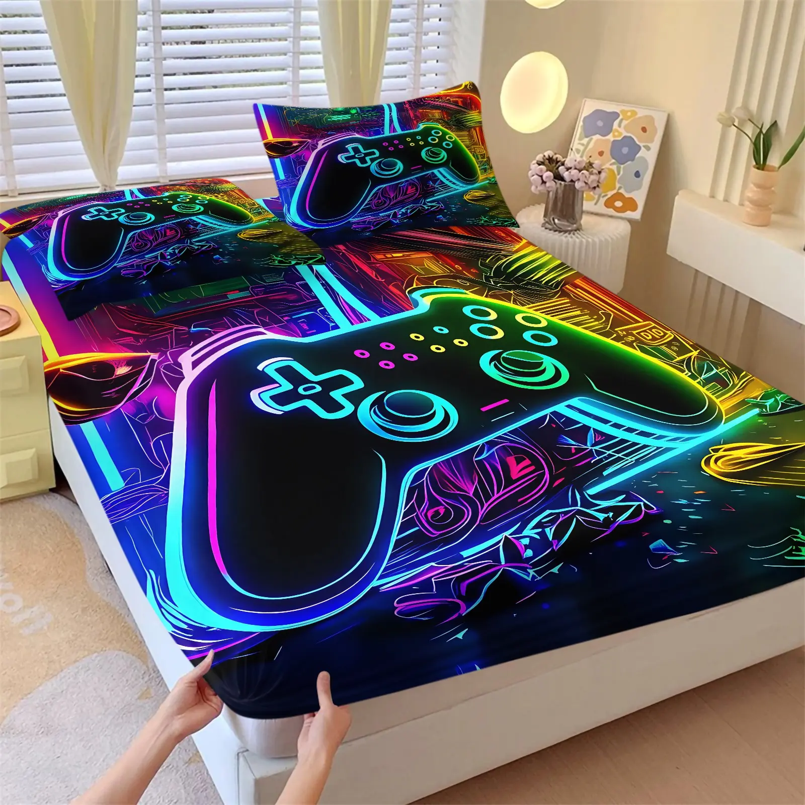 3-piece Neon Game Controller Fitted Sheet Set (1 fitted sheet + 2 pillow cases), 12 Inches Deep Pocket Machine Washable, Low Allergenic High Quality Polyester Bedding Mattress Cover for Bedrooms Dorm Rooms, HD Printed All-Season E-Sports Tech Room Decor