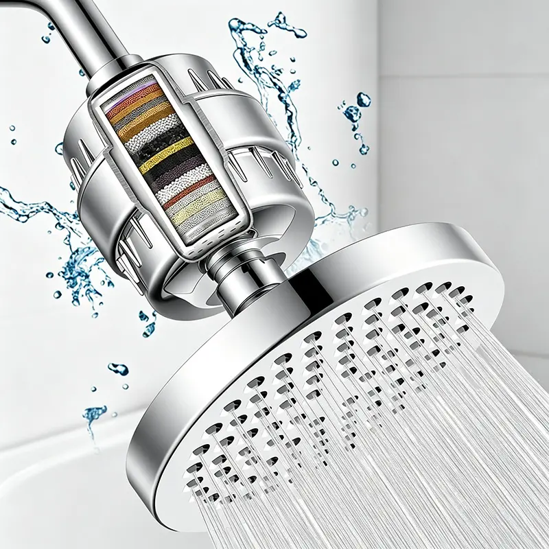 6-inch circular showerhead set with 15 level showerhead filter reduces chlorine and heavy metals, luxurious polished chrome color