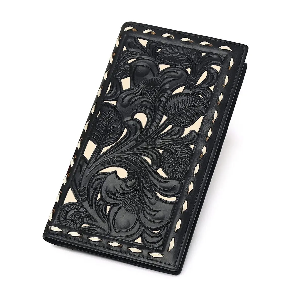 Men Western Floral Embossed Genuine Leather Wallet Vintage Cowboy Full Grain Checkbook Wallet Credit Card Holder Purse, Gift For Husband Christmas