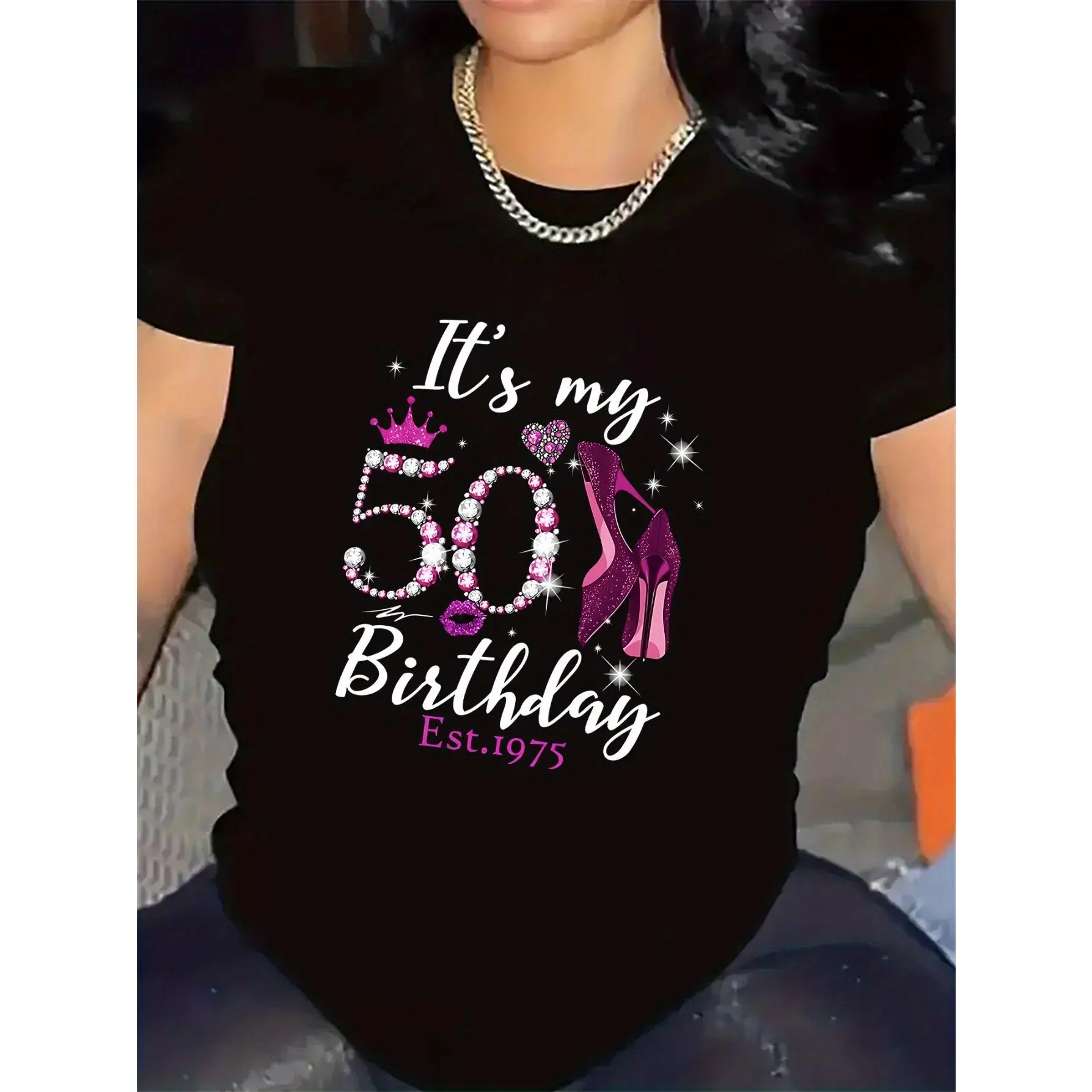 Lady's Shortleeve Casual Tshirt Top - Women's 50th Birthday Sparkly Rhinestone-Style Number 50 & "It's My Birthday" Print, Name/Year Personalization Option, Round Neck Party Outfit for Milestone Celebrations (Black, Machine Washable), Shortsleeve, Knit, F