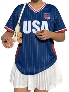 Women Country Flag Soccer Jersey, V Neck Irregular Hem, Mesh Short Sleeve, Usa Mexico Argentina Canada Print, Oversized Football Top, 4 Colors