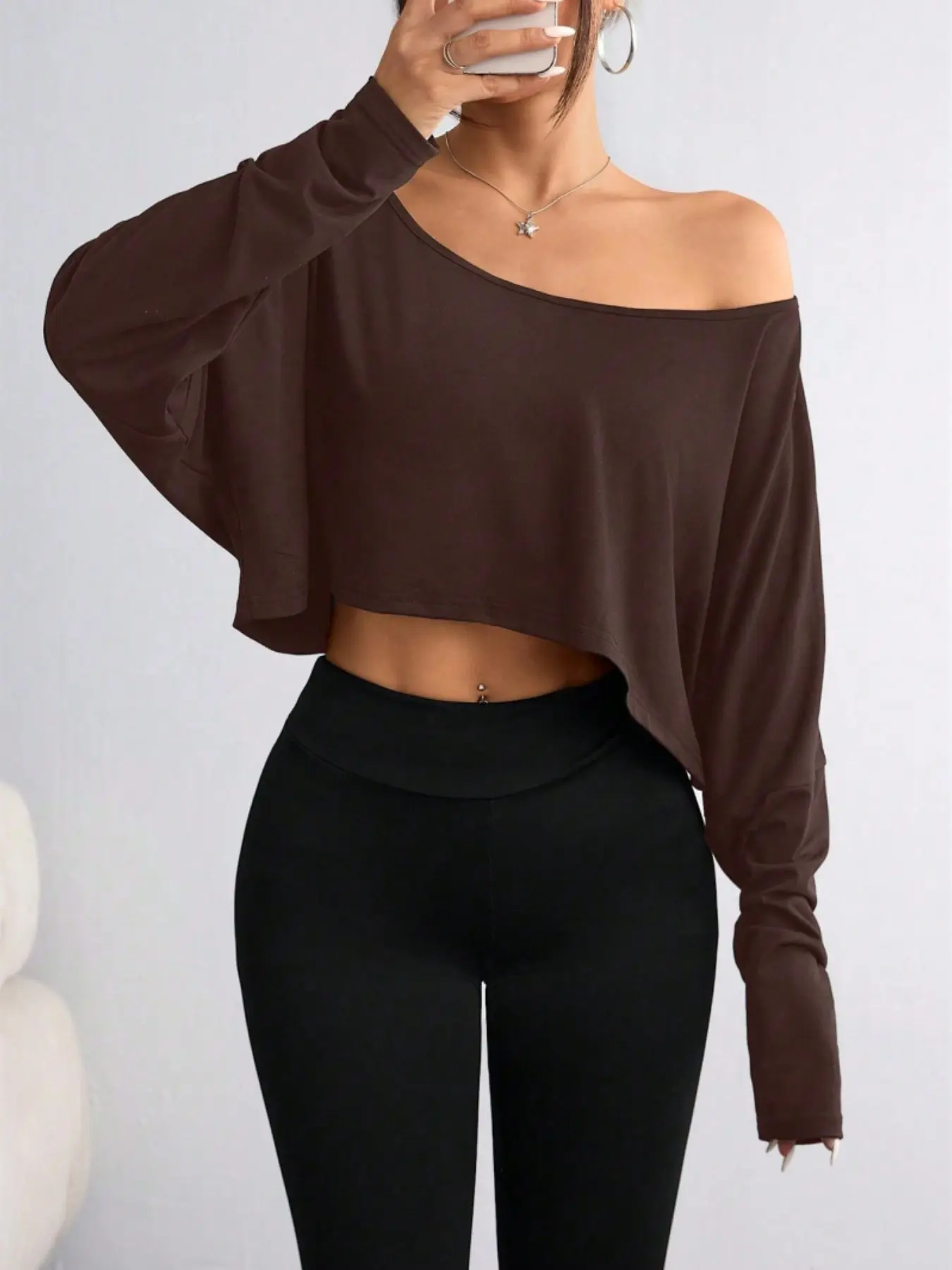 Women's off Shoulder Crop Top, Long Sleeve Loose Fit Batwing Shirt, Casual Chic Minimalist Oversized Pullover, Sexy Lounge Yoga Workout Cover Up
