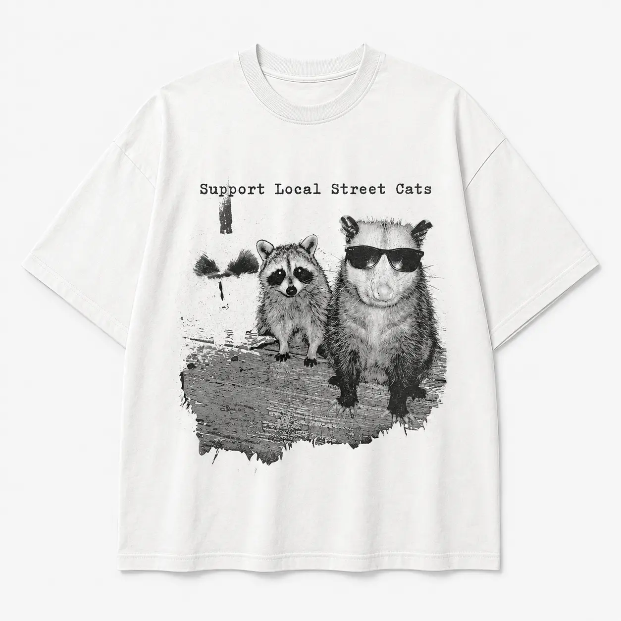 Women's Cotton Graphic T-Shirt - Support Local Street Cats, Funny Raccoon Skunk Possum, Retro Animal Lover Meme, Vintage Style, Digital Print, Breathable, Cold Wash