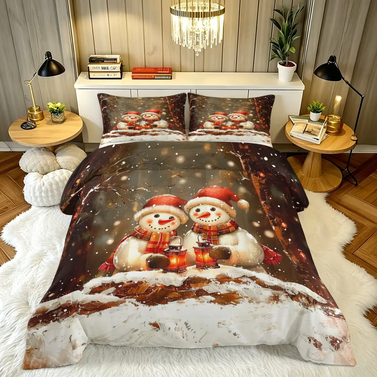 3-Piece Snowman Pattern Thick Bedding Set, Soft and Comfortable, Ideal for Bedroom and Guest Room, All-Season Home Decor