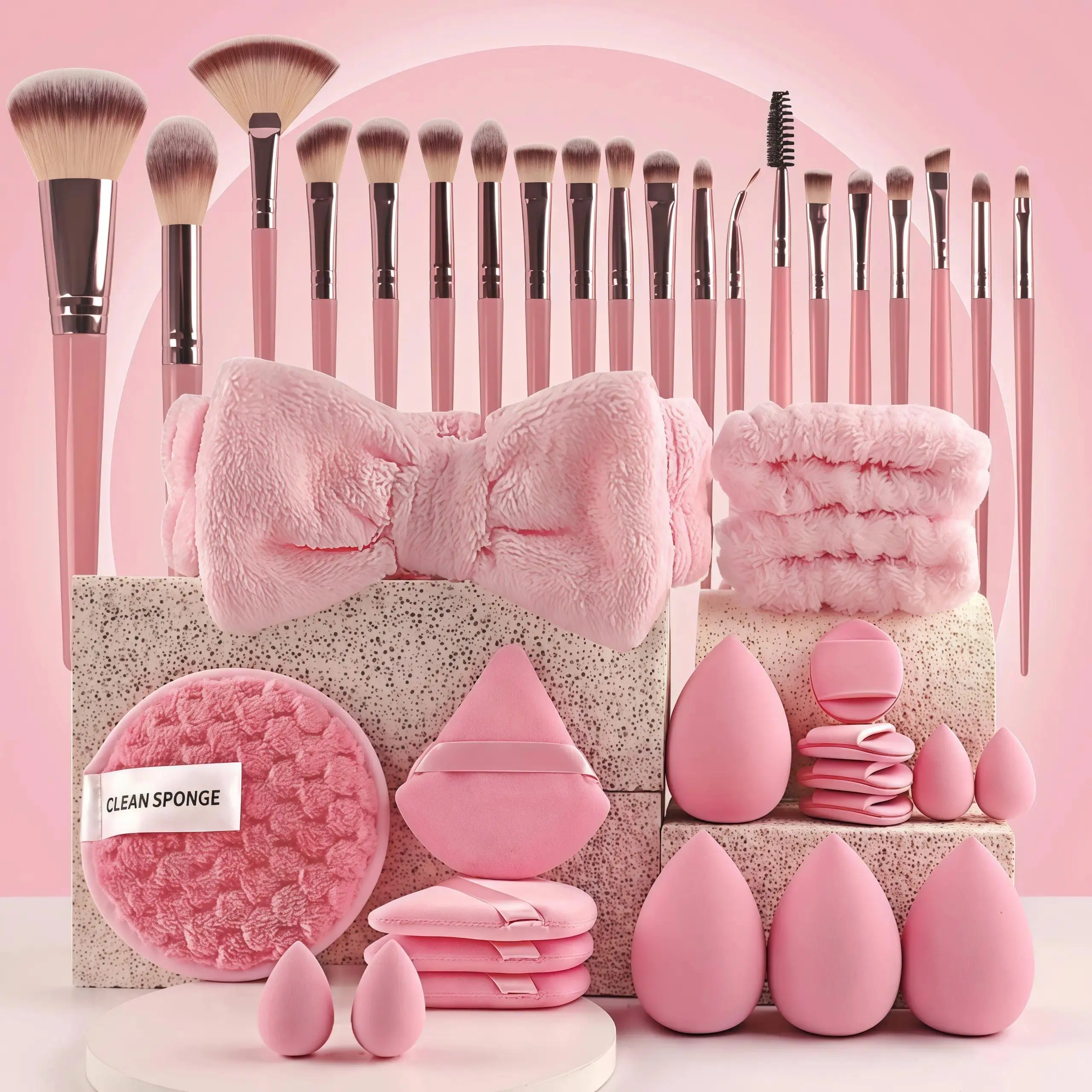 40Pcs Makeup Brush Set with Beauty Sponges and Headband, All-in-One Professional Makeup Tools Kit (Pink/Lilac/Mocha) for Women Girls
