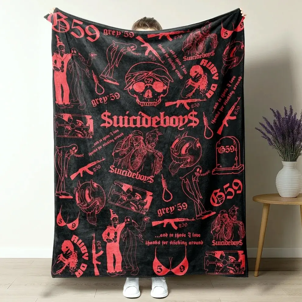 Suicideboys G59 Dark Pink-Black Printed Fleece Blanket, Gothic Hip-hop Retro Graffiti Throw Blanket with Skulls and Clown Patterns, Soft Thick Nap Blanket Merch for Heavy Metal Rock Bands, Decorative Shawl Blanket for Bedrooms and Sofas, Souvenir Gift for