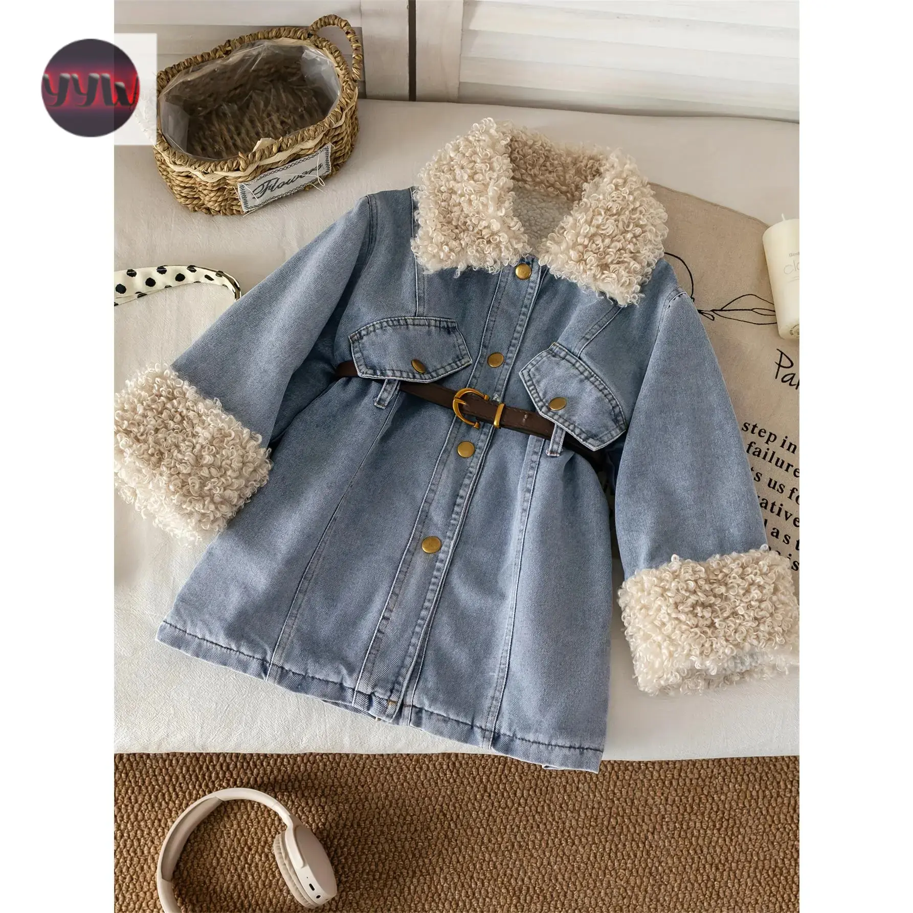 YYW1 Girls' Winter Fluffy Collar Coat with Belt & Casual Lapel - Soft Blue, Single-Breasted Button Closure, Warm Outerwear for Playdates, Ski (Girls to Teens)