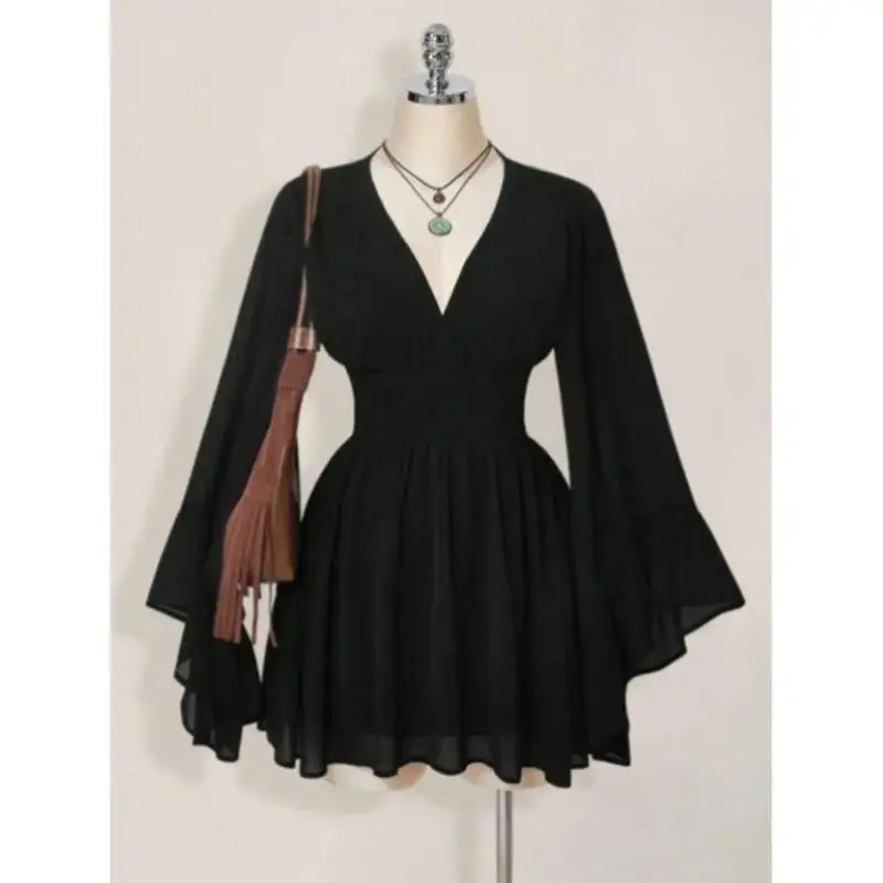 Women's Gothic V-Neck Mini Dress, Casual PVC Fabric Outfit with Long Lantern Sleeves and Flared Skirt, Short Dress, Long Sleeves, Basic, Dresses