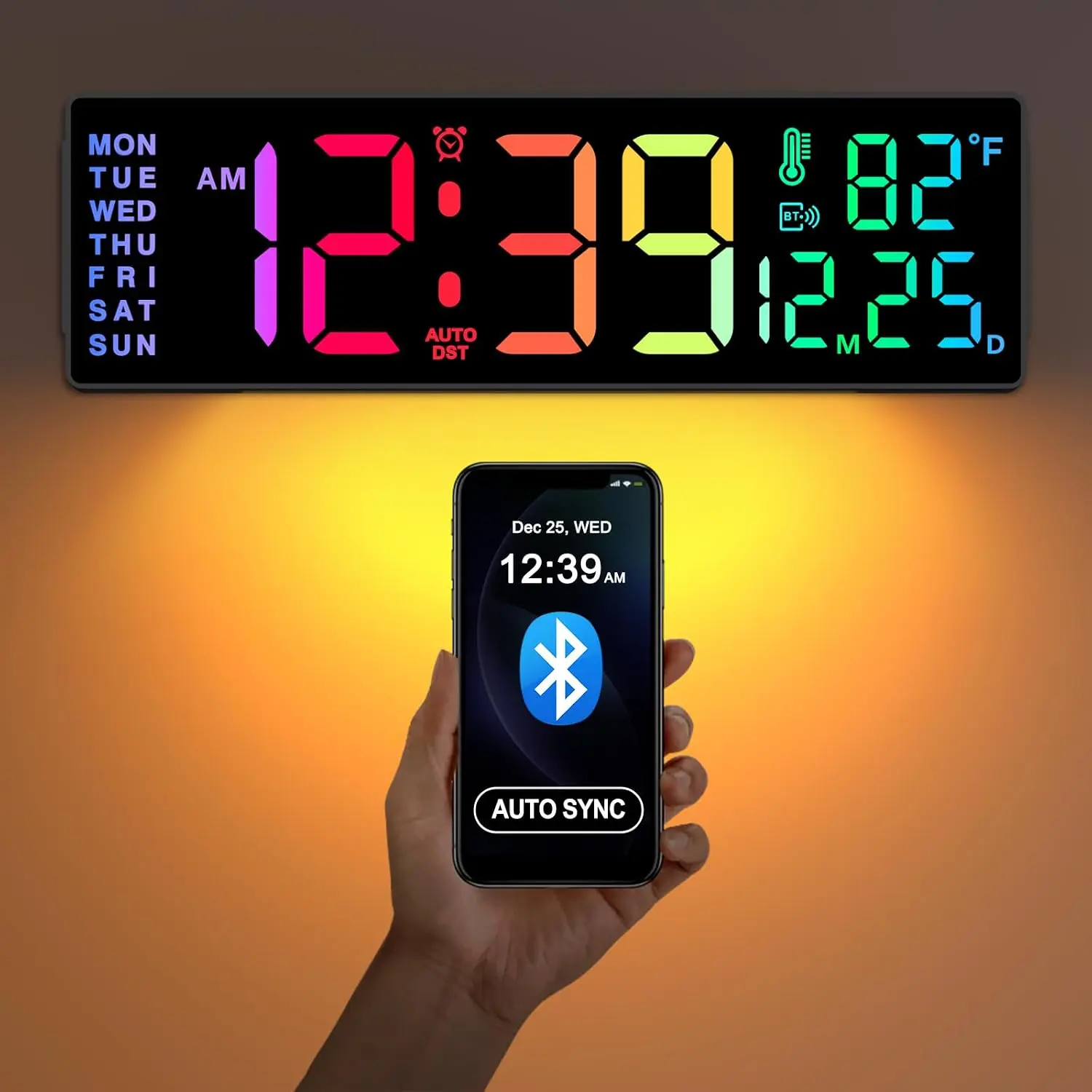 14.2" Wall Clock with Bluetooth Auto Time, Date Sync, LED Large Display with Remote, Gym Countdown Timer & 12 RGB Colors for Classroom, Temp, Nightlight for Seniors