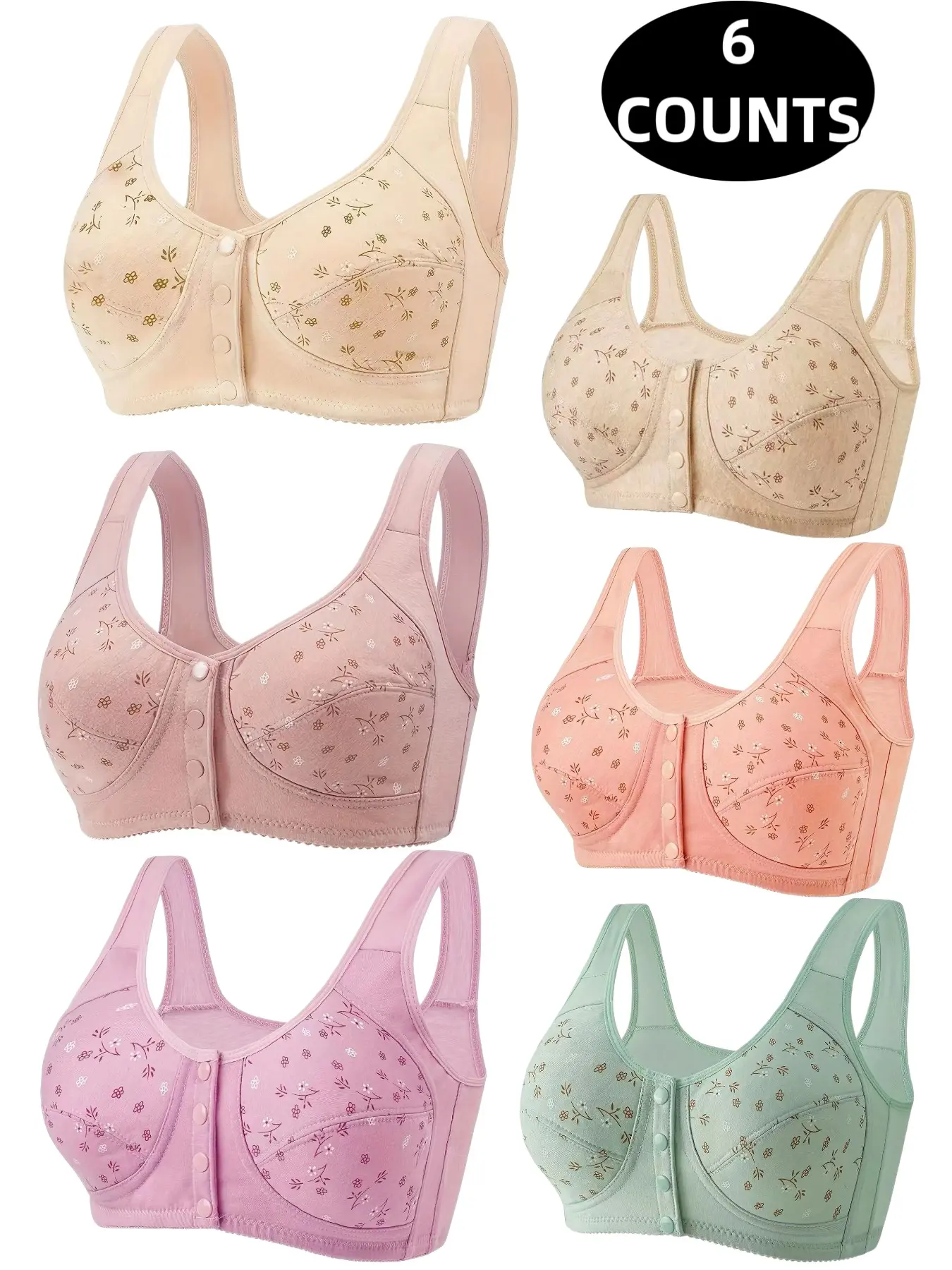 6-Pack Wireless Bras for Women, Front Buckle Push-Up Design, Seamless Comfort Fit, Daily Wear Underwire-Free Bra, Breathable Soft Fabric, Everyday