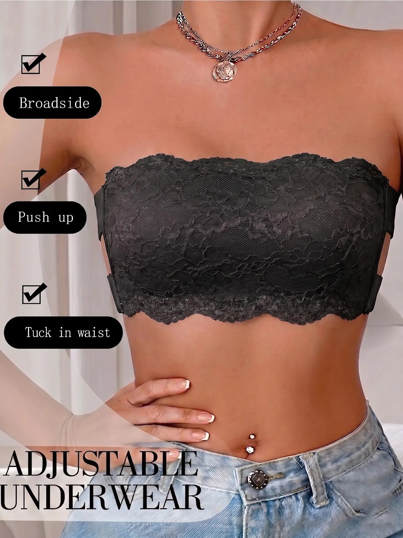 Women's seamless wireless strapless bra, Floral Lace Brassiere, cross-side buckle top, lace style, breathable and opaque, everyday comfortable underwear