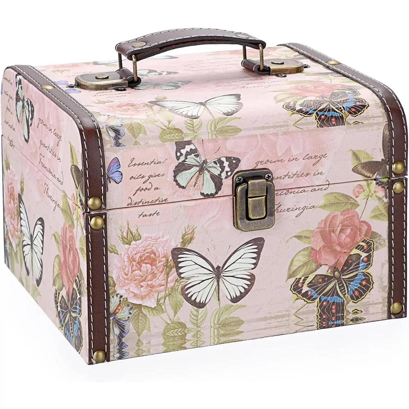 Decorative Treasure Chest Box, Wooden + PU Leather Storage Box for Jewelry Trinkets, Keepsakes box for Girls Women Gifts (Butterfly Pattern, Large)
