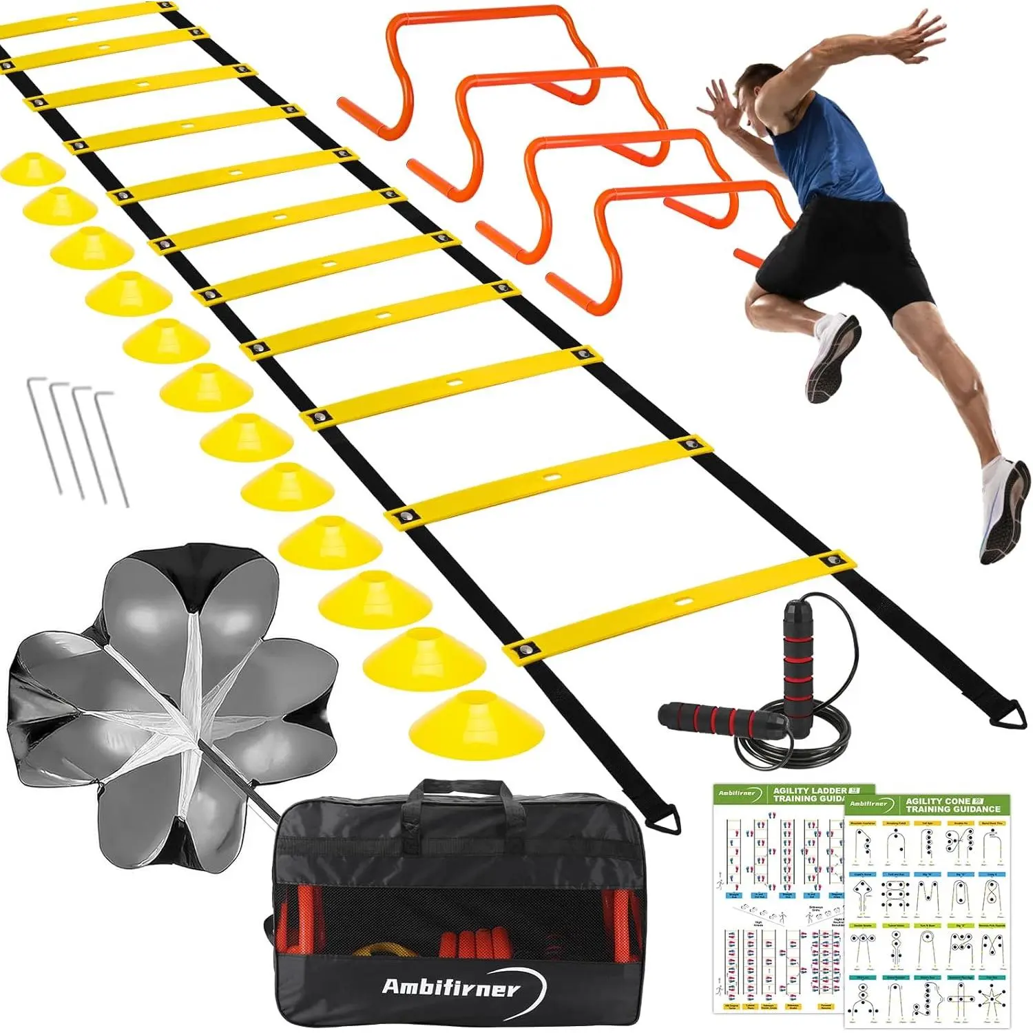 Agility Ladder  Equipment Set - Agility Ladder(12 Rungs/20ft), 4 Speed Hurdles, 12  Cones, Jump Rope, Parachute for Speed/Soccer/Football  with Carry Bag