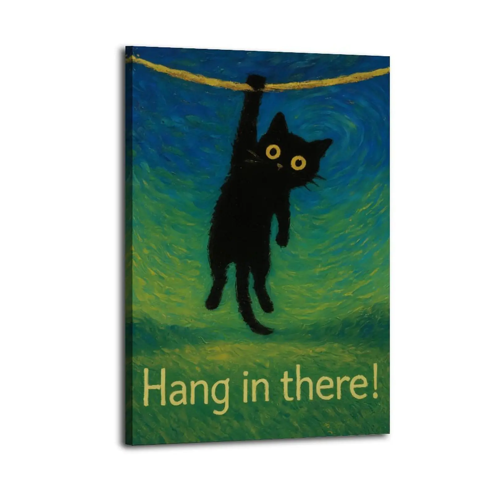 Black Cat "Hang in There!" Uplifting Frameless Canvas Poster, Home Decor Ornaments, Living Room Wall Art, Gift for Bedroom Office Bathroom Modern Family Decoration