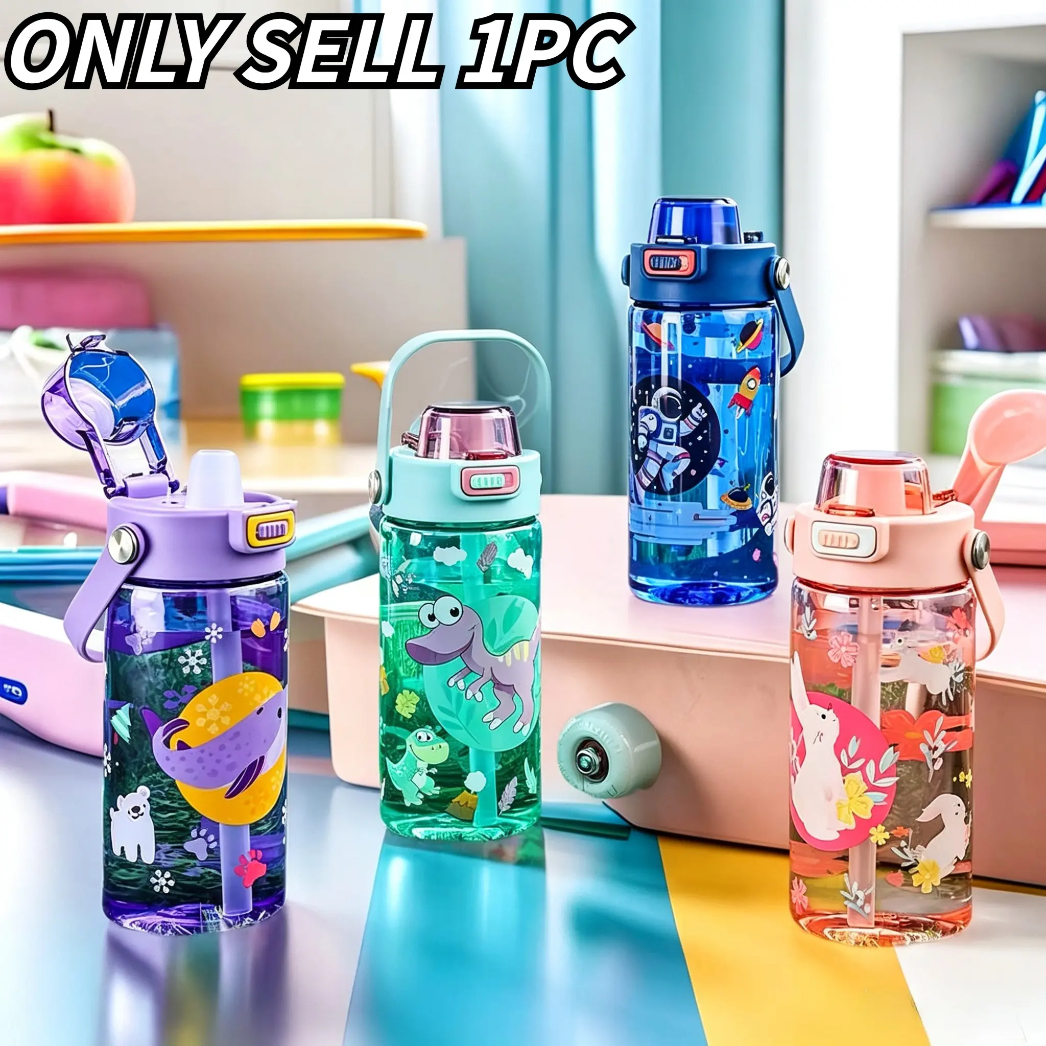 High-Style Cartoon Print Straw Cup with Lid, Portable Leak-Proof Straw Cup, 600ML Kids Plastic Water Bottle, Food Grade Material, Leakproof Water Bottles