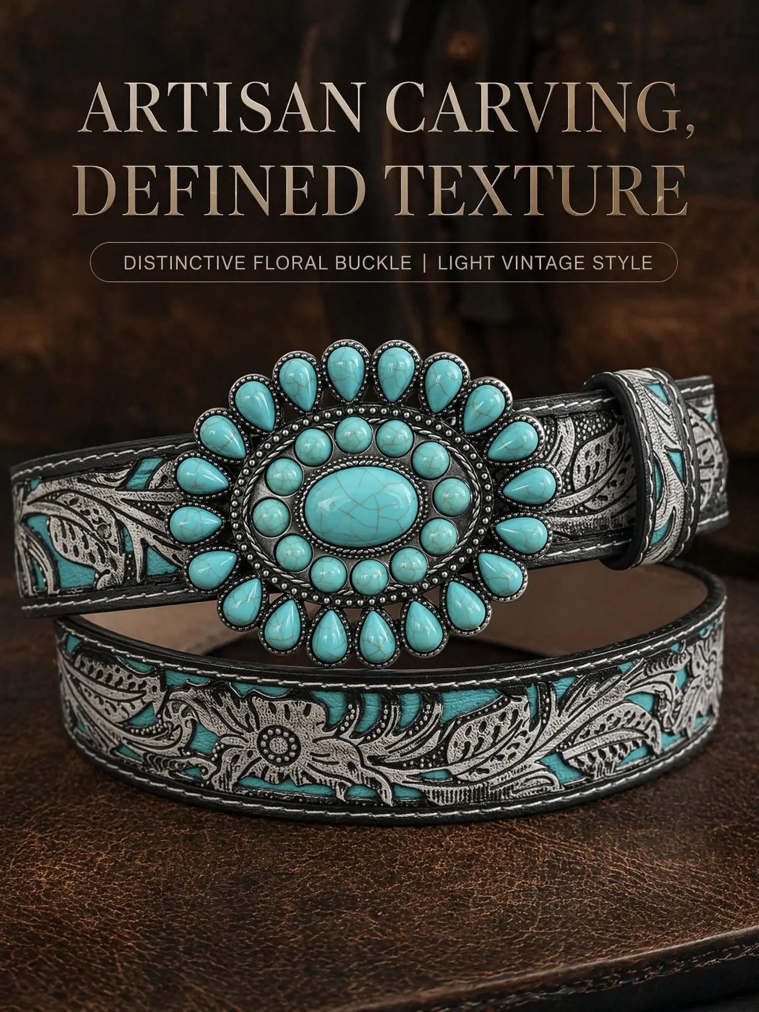 Women's Bohemian Style Waist Belt with Turquoise Alloy Buckle, Boho Belt, Dress Belts, Vintage Fashion Accessory for Ladies, Elegant Design for Daily Wear