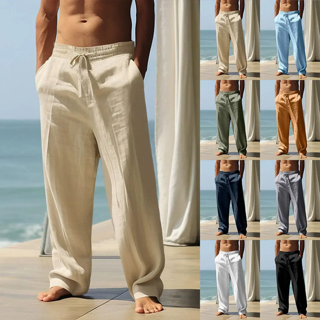 Men's Casual Cotton-Linen Drawstring Pants, Lightweight Relaxed Fit Wide Leg Design with Pockets for Beach and Vacation Wear, Fabric, Menswear, Stylish, Clothes, Drawstring Waist, Full Length, Hand Wash Ok, Multi-Size