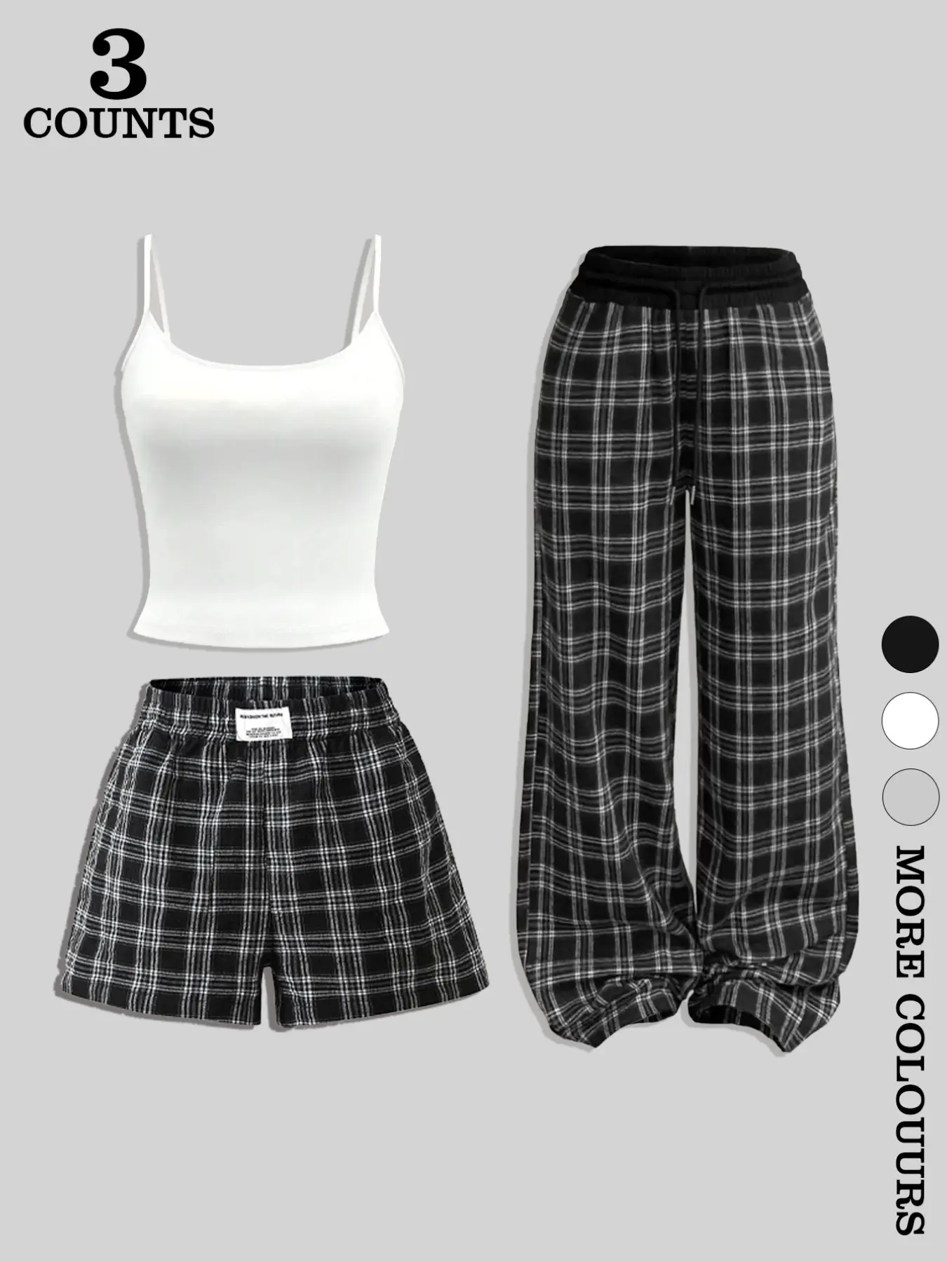 Women's 3-Piece Sleepwear Set Pajamas, Tank Top with Plaid Shorts and Pants, Fashionable All-Season, Comfortable and Stylish
