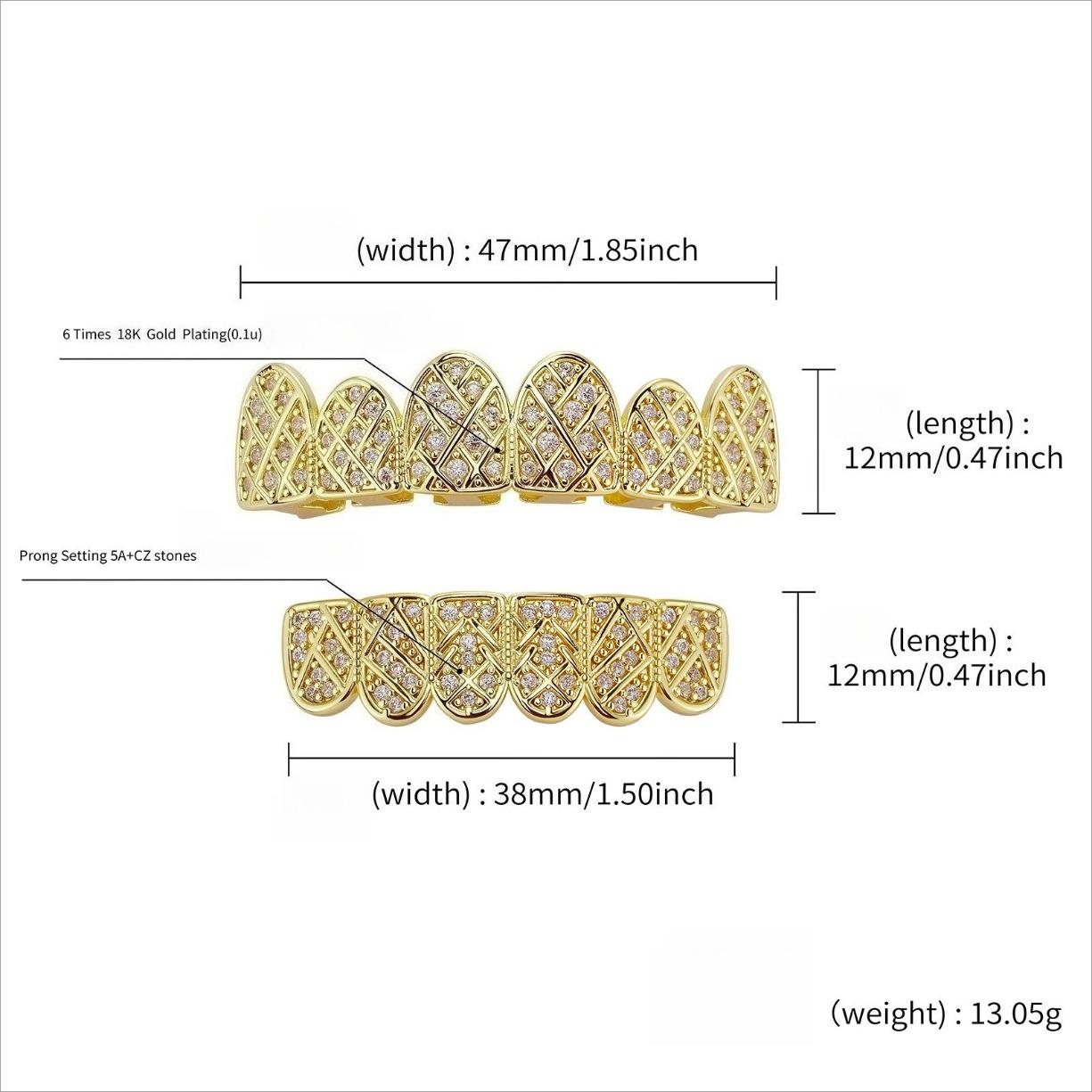 2PCS Set Halloween Gold Plated Iced Out Tooth Grillz VVS Moissanite Top Bottom Hip Hop Rapper Mouth Jewelry Streetwear Costume Trendy Gift