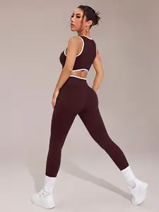 Womens Workout Sets 2 Piece Seamless Crop Tank Top High Waist Leggings Contrast Trim Padded Racerback Bra Yoga Outfits