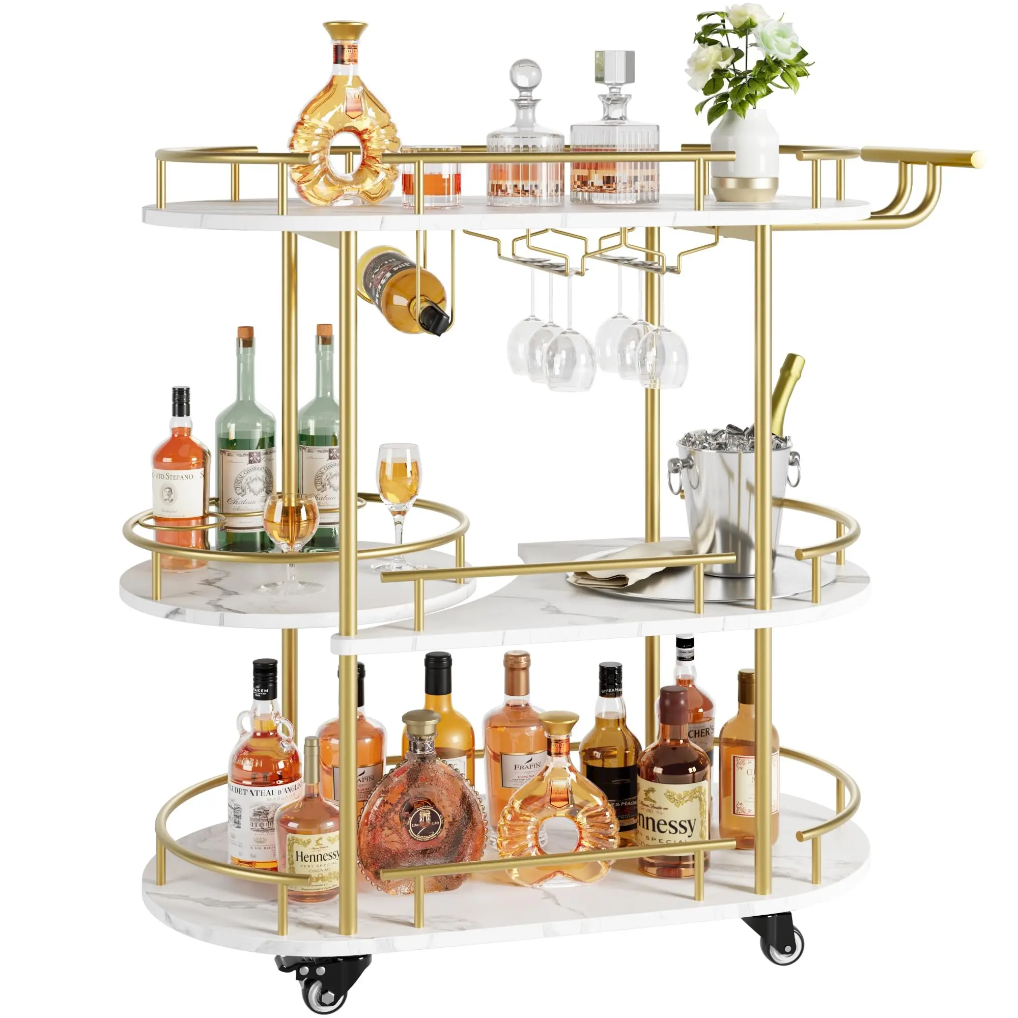 4-Tier Rolling Bar Cart with Glass Storage Rack, Wheeled Metal Serving Trolley for Living Room Kitchen Home Party Bar