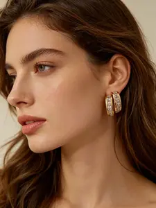 Twin Row Zircon C-Shape Earrings, Copper Material, Dual Layer Arc Design, Lightweight Luxury Half Circle Full Drill Ear Jewelry
