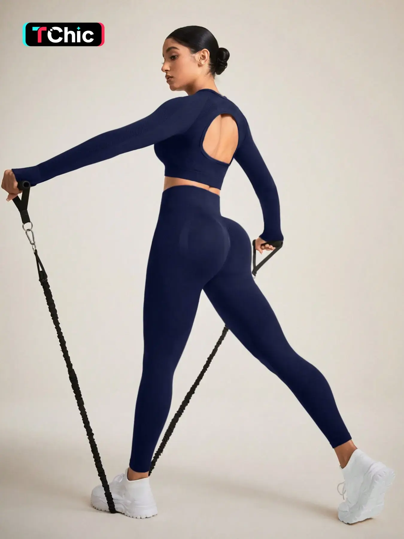 Women's Fall Sports Suit, Backless Thumb Hole Yoga Long Sleeve, High Stretch High Waist Butt Lifter Tight Pants, Running Fitness Set, Athleisure Set