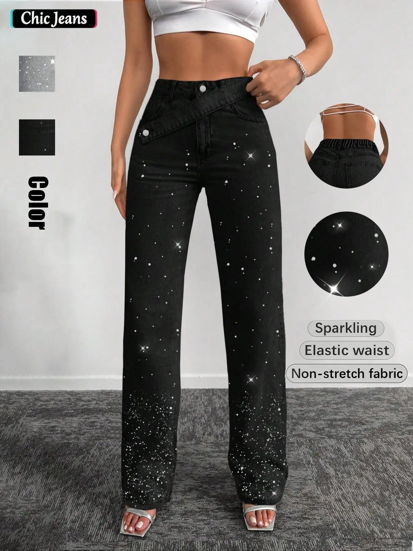 Women's Rhinestone High Waist Wide Leg Jeans, Stretchy Button Fly Design, Comfortable Fit for All Body Types, Perfect for Casual, Fashion Jean Bottoms