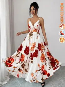 【Concert Outfit Dress】Women's Summer Floral Print Beach Vacation Dress, Sexy Elegant Waist Cinch Spaghetti Strap Backless Midi Sundress, Casual Strapless Long Sleeve Top