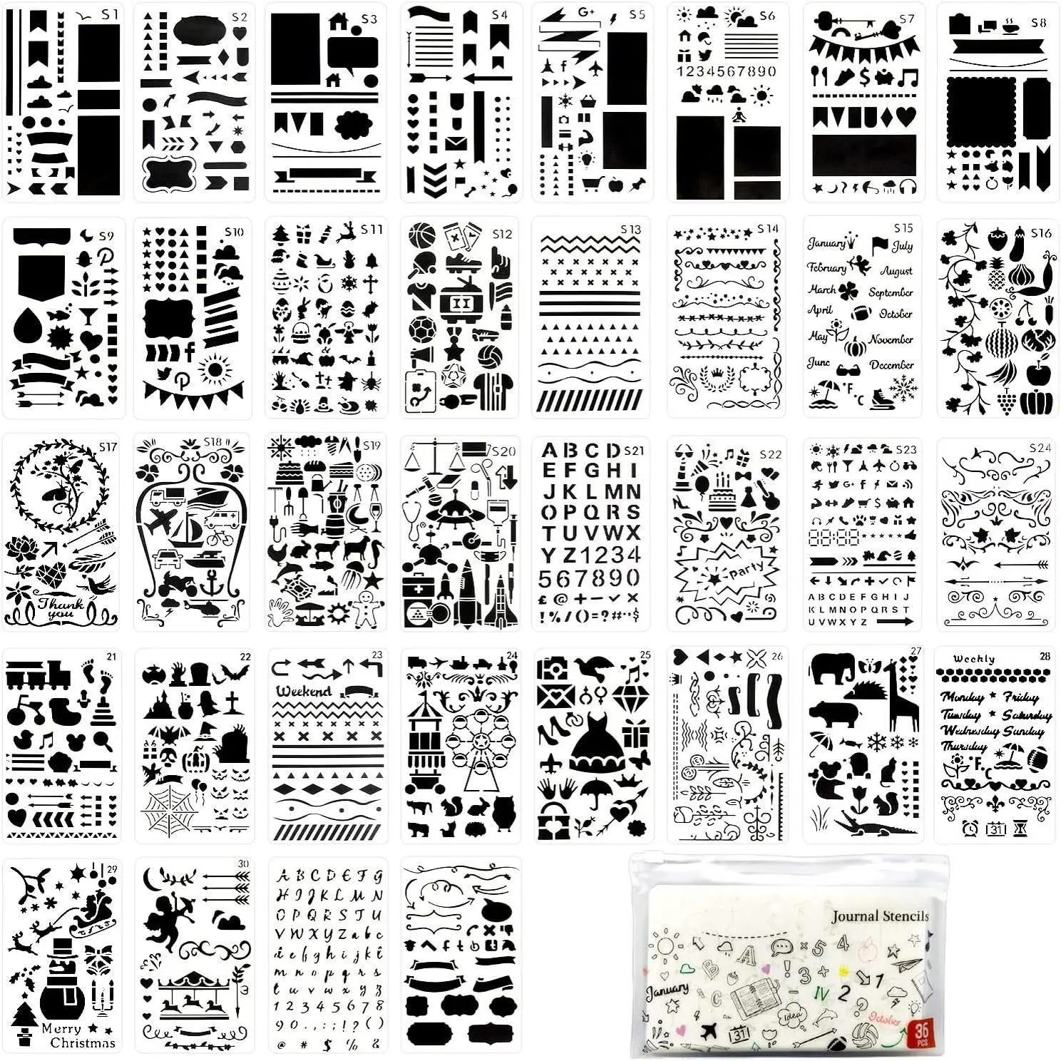 36 count Plastic Journal Stencils for  Junk Journal Notebook Diary Drawing Scrapbook Journal Stencil Templates 4x7 In