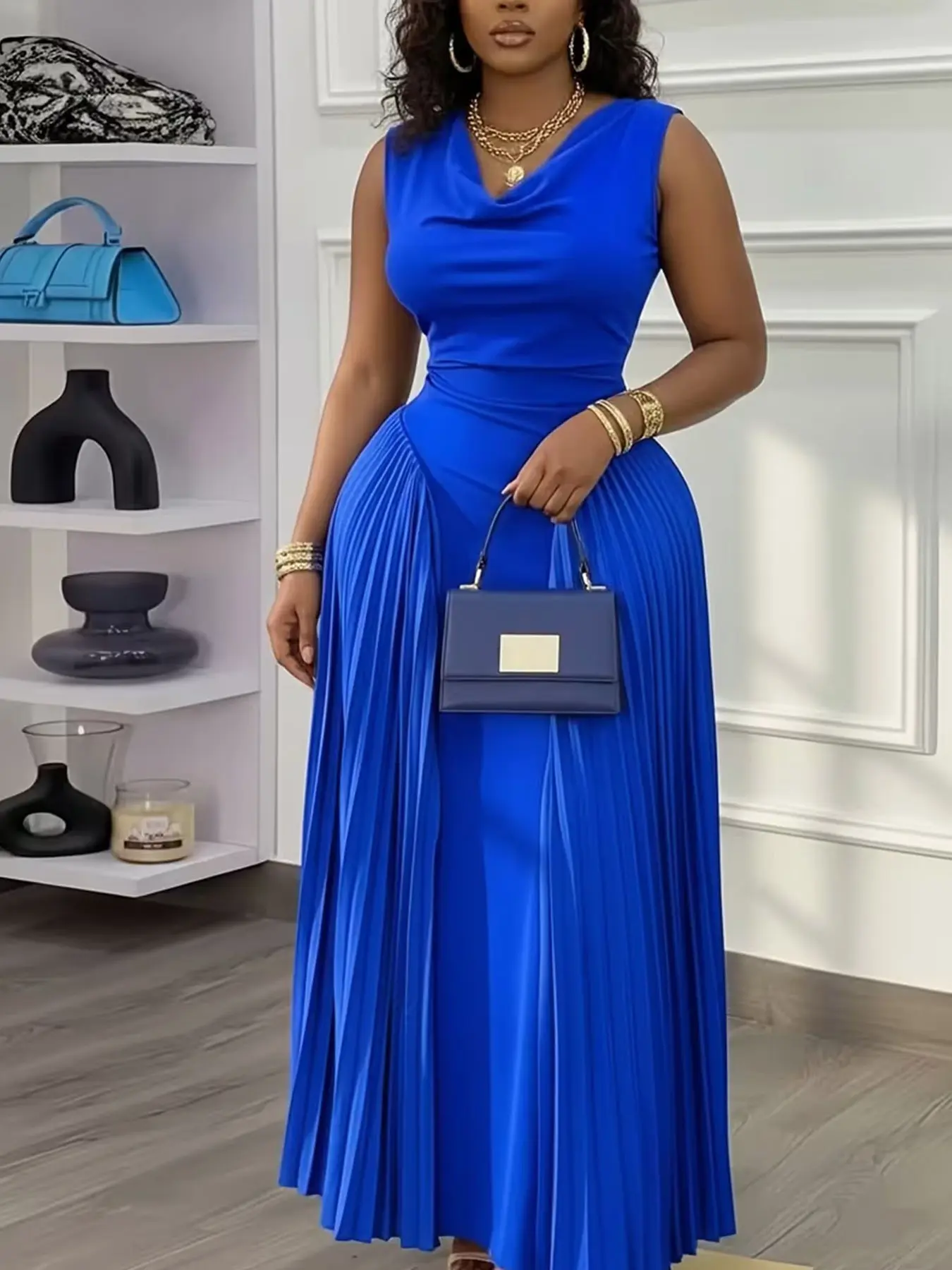 European and American Large Size Solid Color Pleated Dress, High Neck Waist Cinch Slim Fit Flowy Long Evening Gown, Elegant Formal Wear Party Wear, Dresses For Party, Formal Ball Gown, Chic