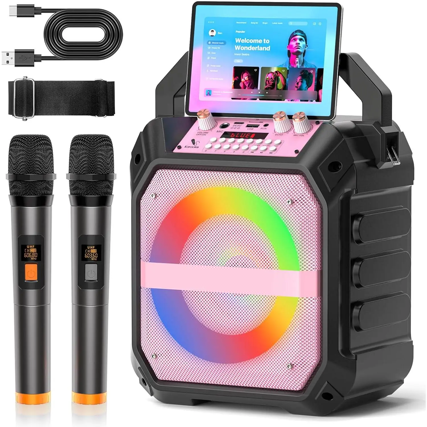 45W Coaxial Karaoke Machine for Adults Portable Singing Speaker with 2  Mics,  Speaker with PA System, 4000mAh , LED Lights & Multi-Mode Playback for /Outdoor Fun,