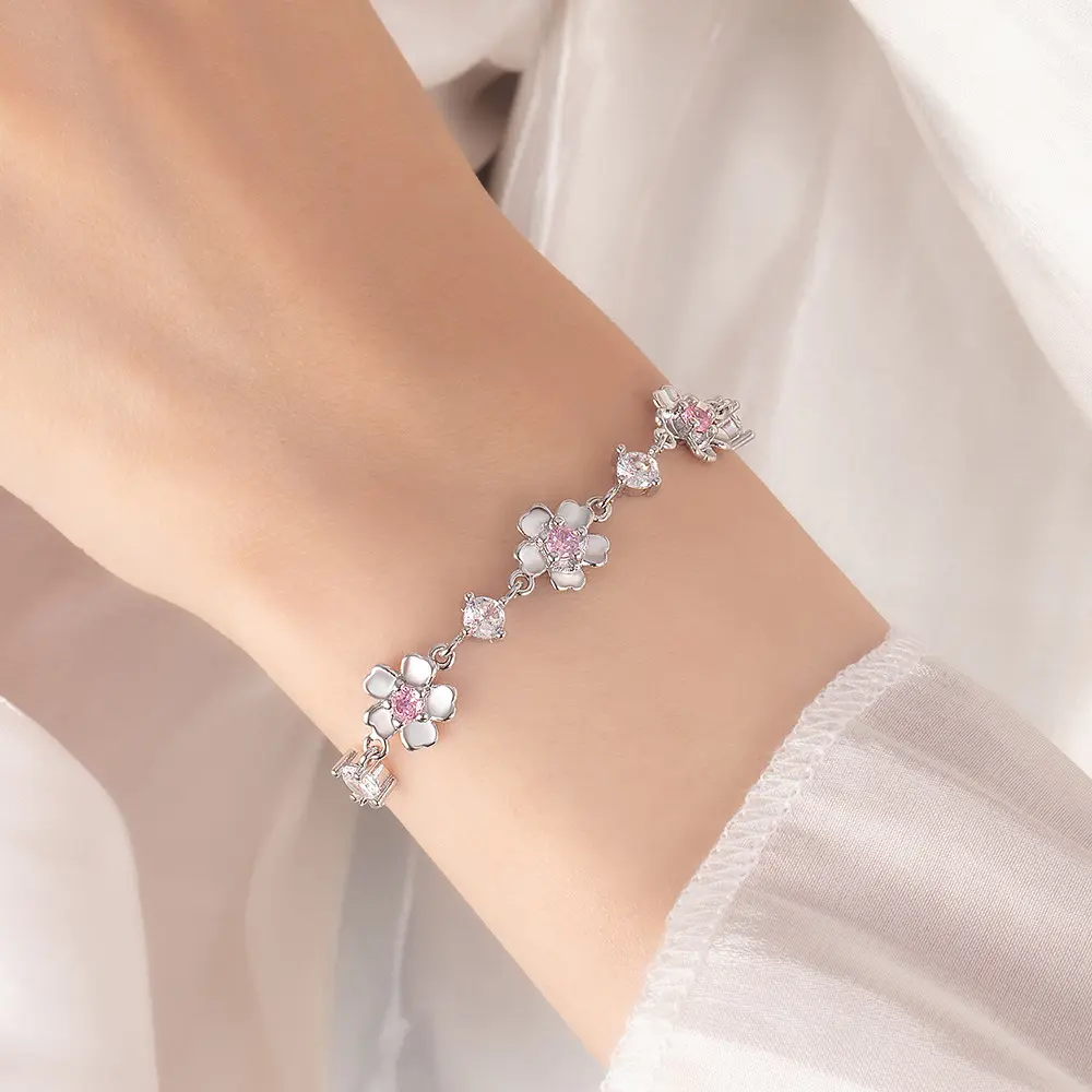 Women's Dainty Tarnish-Resistant Silver Chain Floral Charm Bracelet with Pink CZ Flower, Everyday All-Seasons Coquette Aesthetic Fairycore Fashion Accessory, Tarnish-Free