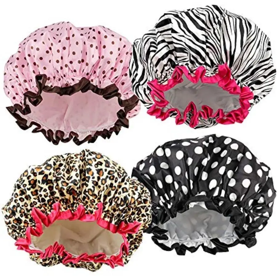TCOTBE 4 Pieces Shower Cap for Women, Elastic and Reusable, Environmental Protection Hair Bath Caps, Double Waterproof Layers B