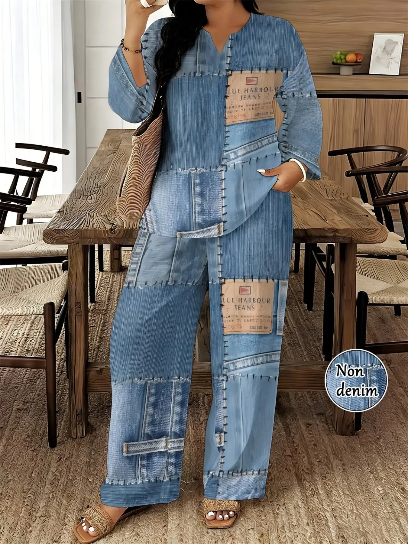 Plus Size Non-Denim Patchwork Two-Piece Set Casual Oversized Top & Wide-Leg Pants, Trendy Vintage Co-ords, Relaxed Fit Casual Ensembles, Stylish Denim-Print Patch Detail Party Casual Wear