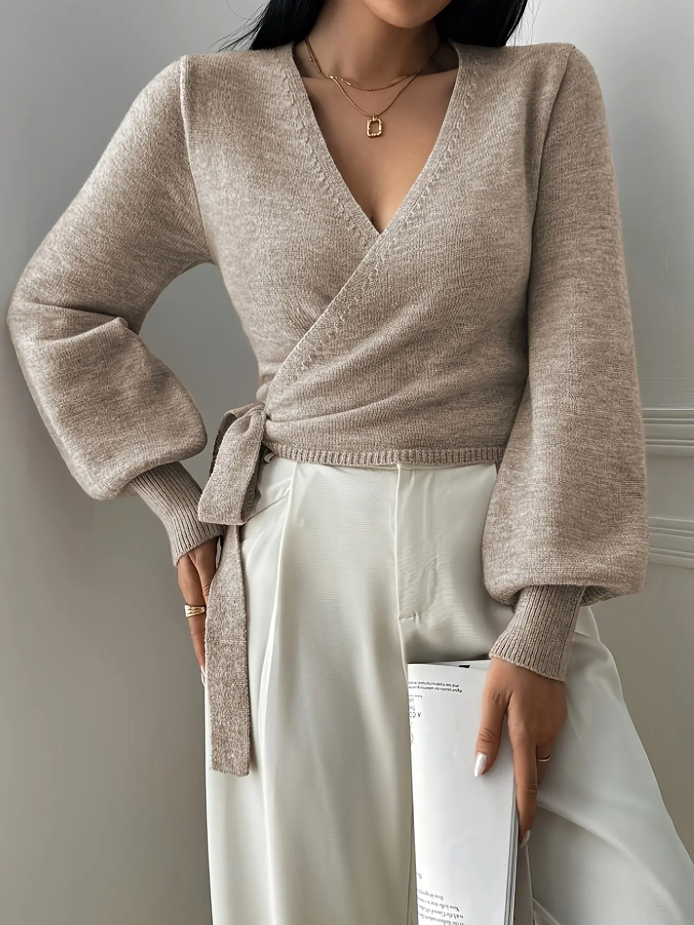 Wrap V Neck Bell Sleeve Knit Cardigan,Side Tie Cropped Soft Sweater,Spring Summer Lightweight Women Blouse,Ideal For Office Date Brunch Coffee Daily Casual Outfit,Trending Slim Fit Wrap Knit Top
