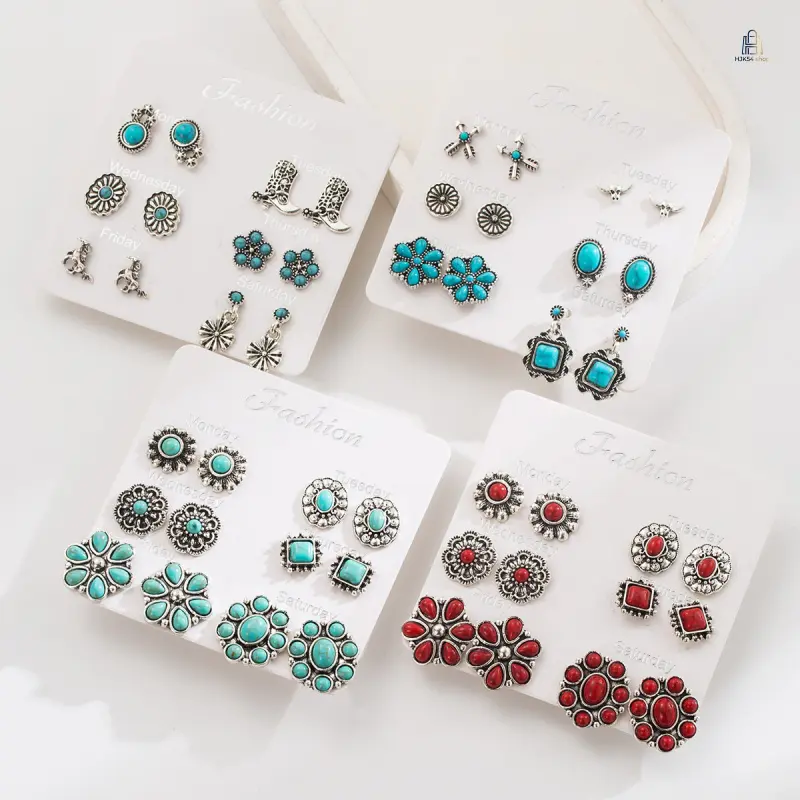 Women's Boho Ethnic Western Metal Alloy Stud Earring Set - Statement Jewelry with Faux Turquoise, Flower, Bull Head, Horse, Geometric Motifs - for Daily, Party Wear Outfits