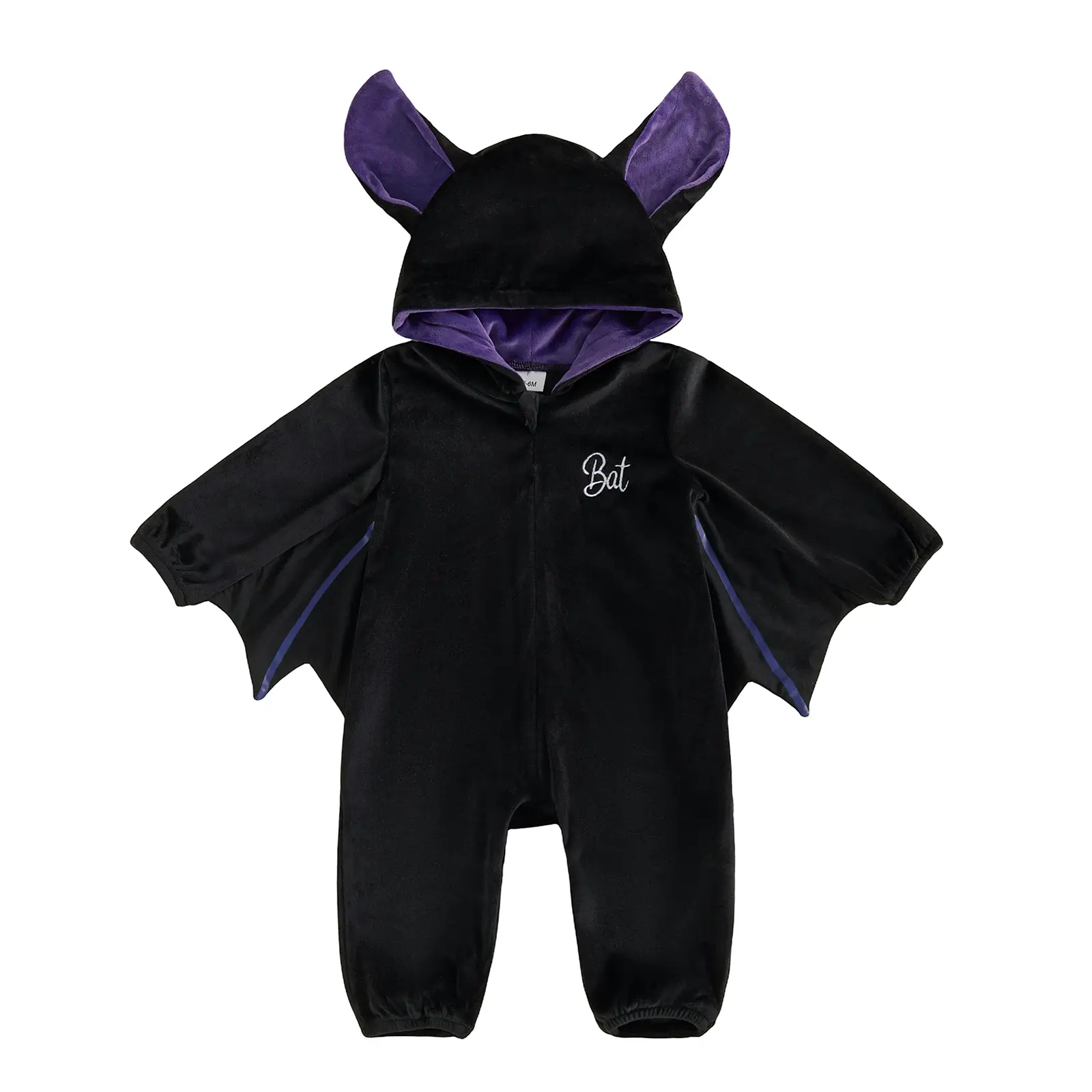 FOCUSNORM Baby Boy Girl Bat Halloween Costume Hooded Velvet Onesie Full Zip Long Jumpsuit with 3D Bat Ears and Wing Design Infant Unisex Animal Cosplay Outfit