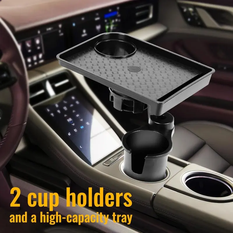Tray Table Car Cup Holder Extender/4-In-1 Cup Holder Extender with 360° Rotatable Tray/Built-In Phone Slot Phone Holder/Car Water Cup Holder/Dual Cup Design/Suitable for In-Car Dining/Road Trip/Travel Essential/Driver's Daily Commute