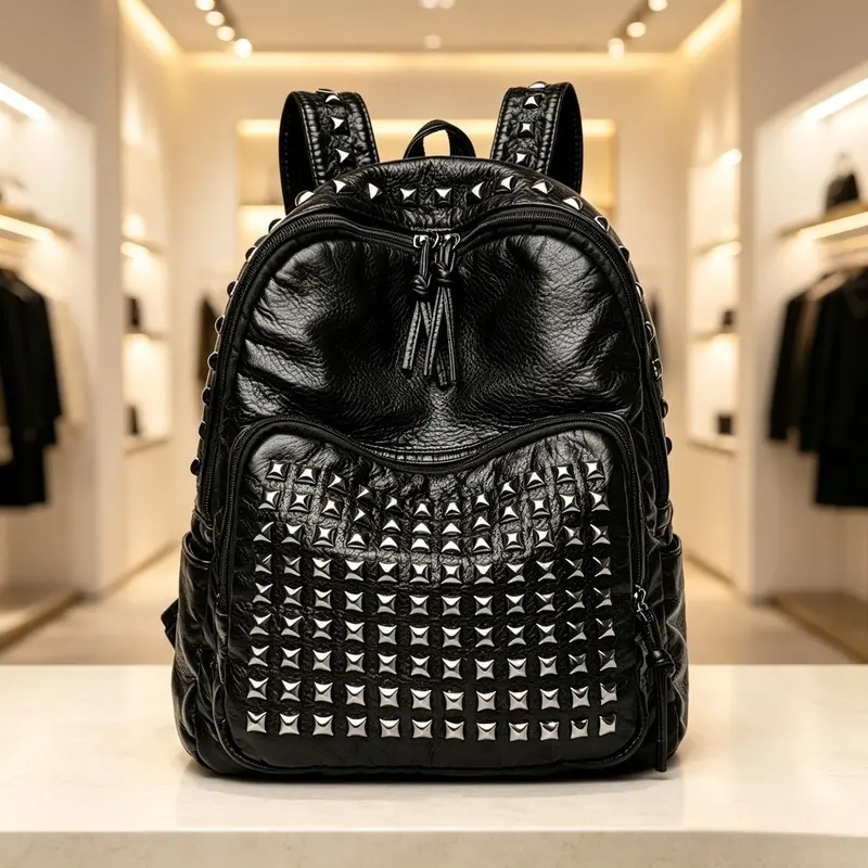 Women's retro washed leather nail backpack, punk silver pyramid rivet backpack, zipper large capacity travel backpack, fashionable Gothic rock style shoulder bag, multi pocket casual school backpack