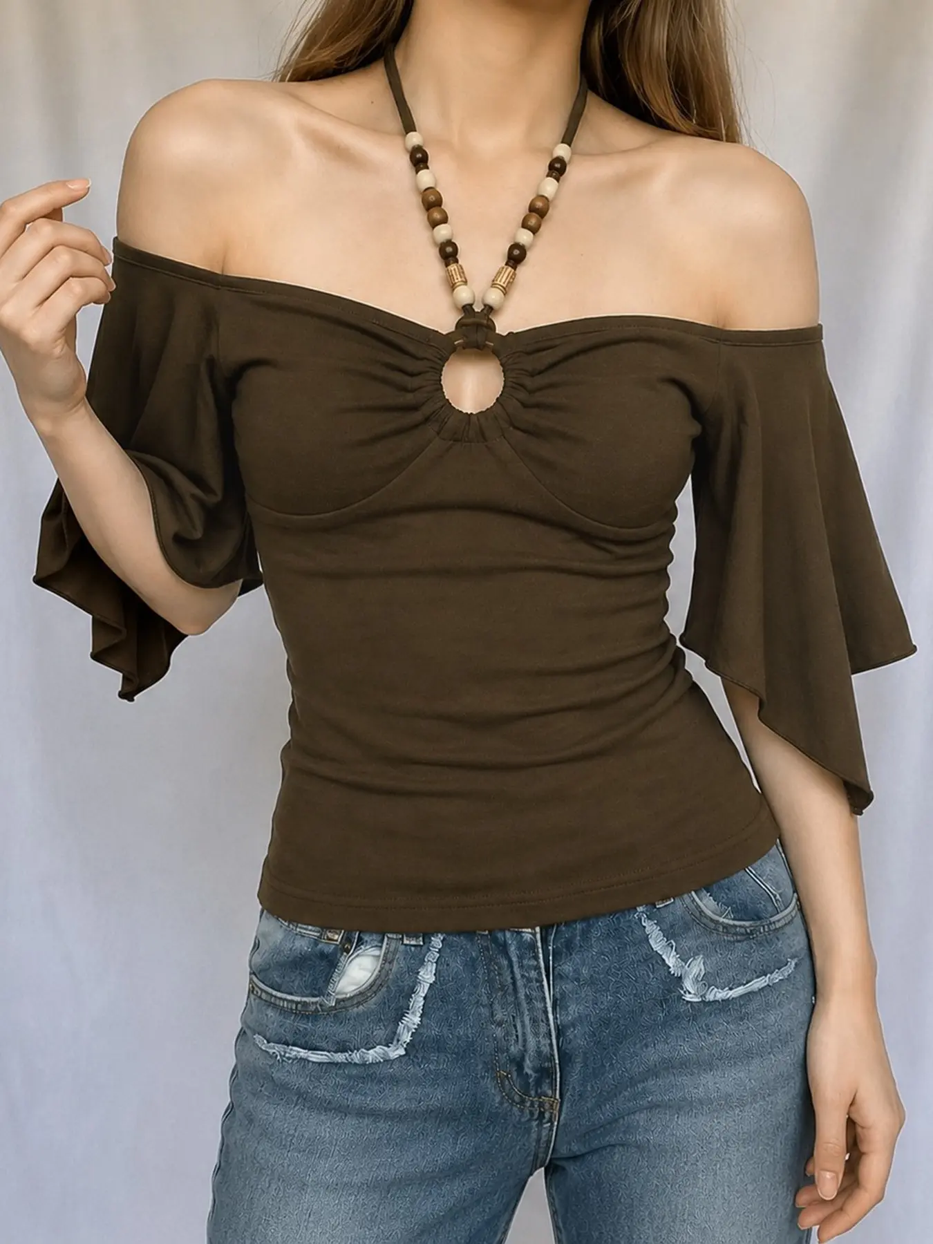 Elegant Halter Top, Beaded Batwing Sleeves, Vintage Round Neck, Shoulder Design, Casual & Office Wear, Women's Fashion, Everyday Tops