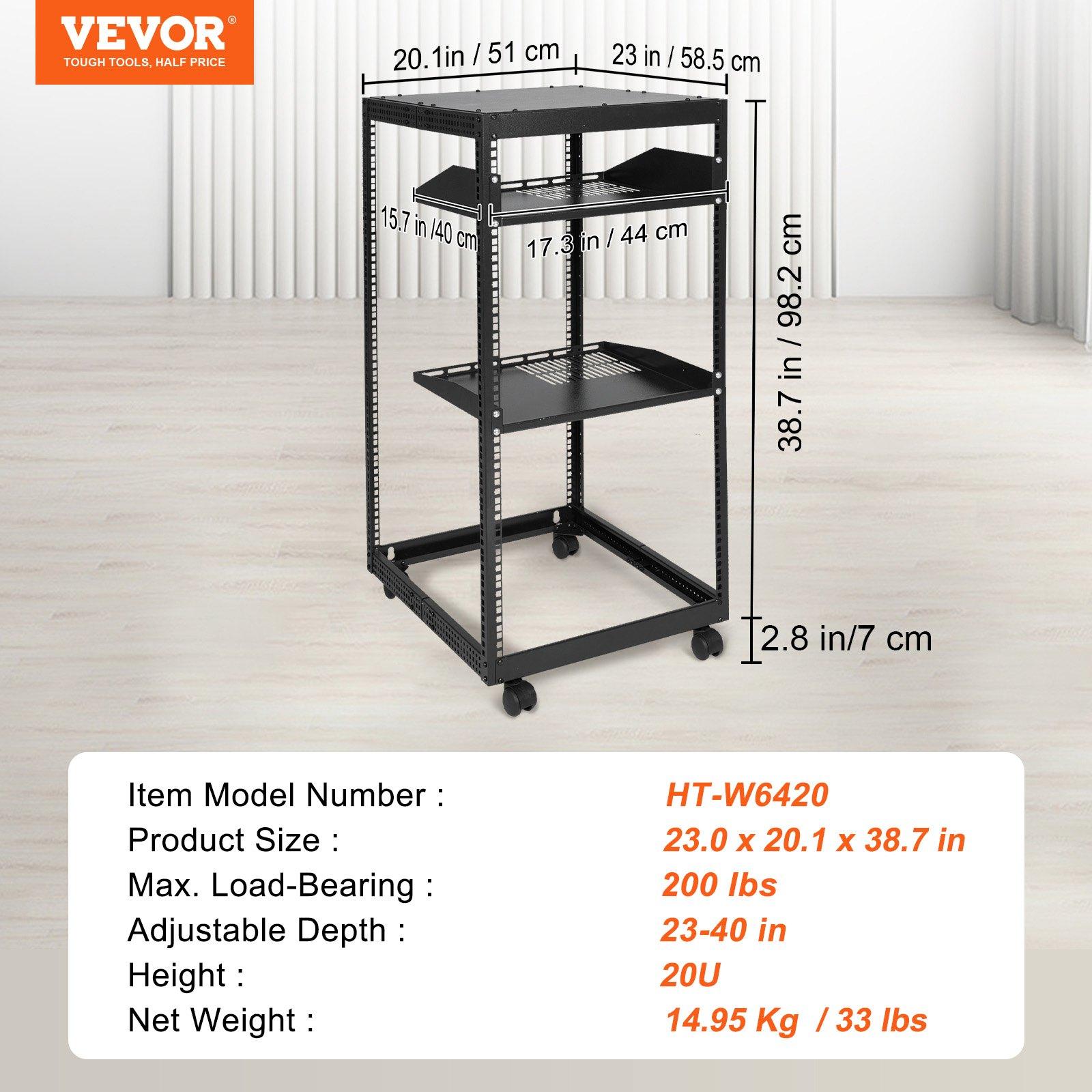 VEVOR 20U Open Frame Server Rack, 23-40 in Adjustable Depth, Free Standing or Wall Mount Network Server Rack, 4 Post AV Rack with Casters, Holds All Your Networking IT Equipment AV Gear Router Modem